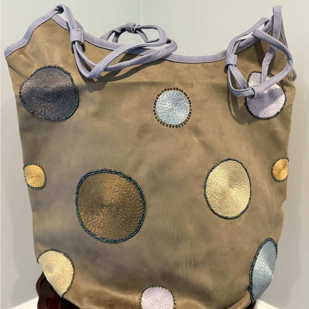 Handmade suede Tan Tote Bag with Colorful Accents